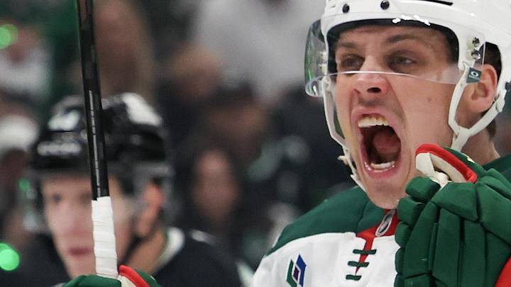 Apr 18, 2026; Dallas, Texas, USA; Minnesota Wild center Joel Eriksson Ek (14) celebrates his gaol against the Dallas Stars in the first period in game one of the first round of the 2026 Stanley Cup Playoffs at American Airlines Center. Mandatory Credit: Thomas Shea-Imagn Images