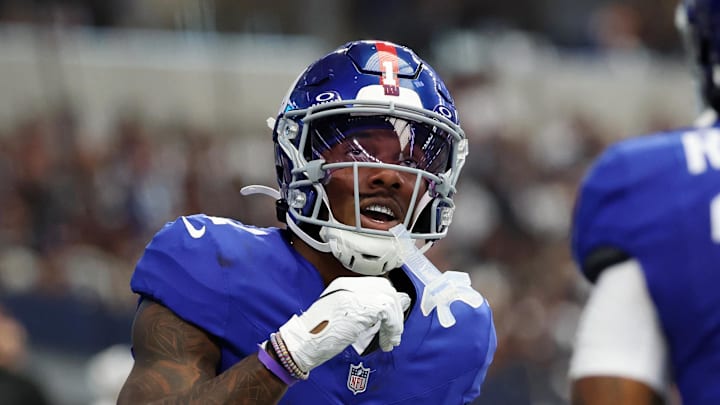 Sep 14, 2025; Arlington, Texas, USA; New York Giants wide receiver Malik Nabers (1) celebrates after scoring a touchdown against the Dallas Cowboys during the second quarter at AT&T Stadium. Sep 14, 2025; Arlington, Texas, USA; New York Giants wide receiver Malik Nabers (1) celebrates after scoring a touchdown against the Dallas Cowboys during the second quarter at AT&T Stadium.