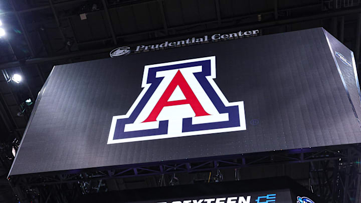 Mar 26, 2025; Newark, NJ, USA; An Arizona Wildcats logo on the main scoreboard during a practice session in preparation for an East Regional semifinal game against the Duke Blue Devils at Prudential Center. Mandatory Credit: Vincent Carchietta-Imagn Images Mar 26, 2025; Newark, NJ, USA; An Arizona Wildcats logo on the main scoreboard during a practice session in preparation for an East Regional semifinal game against the Duke Blue Devils at Prudential Center. Mandatory Credit: Vincent Carchietta-Imagn Images