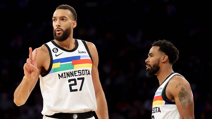 Mar 20, 2023; New York, New York, USA; Minnesota Timberwolves center Rudy Gobert (27) and guard Mike Conley (10) during the first quarter against the New York Knicks at Madison Square Garden. Mandatory Credit: Brad Penner-USA TODAY Sports Mar 20, 2023; New York, New York, USA; Minnesota Timberwolves center Rudy Gobert (27) and guard Mike Conley (10) during the first quarter against the New York Knicks at Madison Square Garden. Mandatory Credit: Brad Penner-USA TODAY Sports