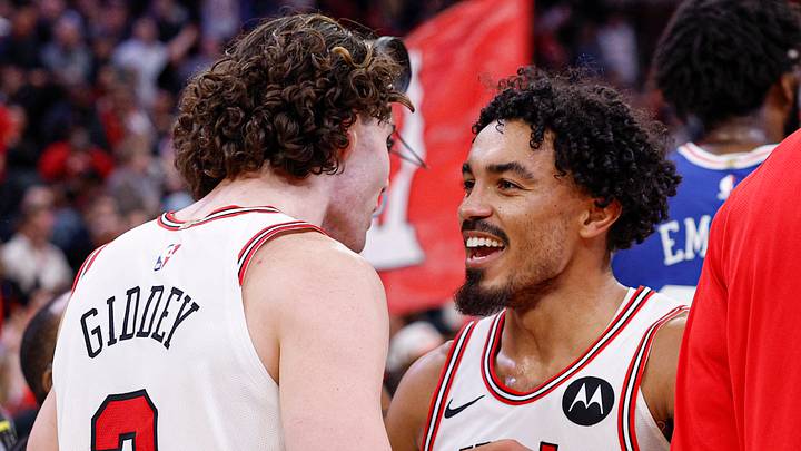 Nov 4, 2025; Chicago, Illinois, USA; Chicago Bulls guard Josh Giddey (3)and guard Tre Jones (30) celebrate team's win against the Philadelphia 76ers at United Center. Mandatory Credit: Kamil Krzaczynski-Imagn Images Nov 4, 2025; Chicago, Illinois, USA; Chicago Bulls guard Josh Giddey (3)and guard Tre Jones (30) celebrate team's win against the Philadelphia 76ers at United Center. Mandatory Credit: Kamil Krzaczynski-Imagn Images