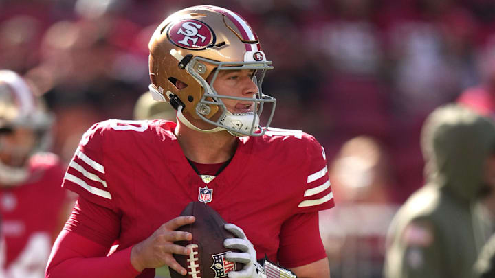 Nov 9, 2025; Santa Clara, California, USA; San Francisco 49ers quarterback Mac Jones (10) warms up prior to the game against the Los Angeles Rams at Levi's Stadium. 
