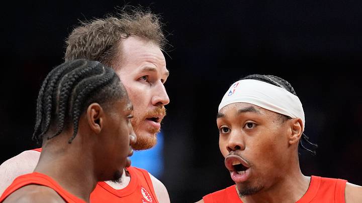 Mar 15, 2026; Toronto, Ontario, CAN; Toronto Raptors guard Scottie Barnes (4) talks to forward RJ Barrett (9) and center Jakob Poeltl (19) and forward Brandon Ingram (3) during a break in the action against the Detroit Pistons during the fourth quarter at Scotiabank Arena. Mandatory Credit: John E. Sokolowski-Imagn Images Mar 15, 2026; Toronto, Ontario, CAN; Toronto Raptors guard Scottie Barnes (4) talks to forward RJ Barrett (9) and center Jakob Poeltl (19) and forward Brandon Ingram (3) during a break in the action against the Detroit Pistons during the fourth quarter at Scotiabank Arena. Mandatory Credit: John E. Sokolowski-Imagn Images