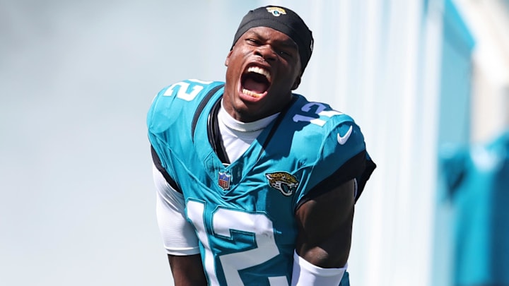 Oct 12, 2025; Jacksonville, Florida, USA; Jacksonville Jaguars wide receiver Travis Hunter (12) runs on the field before the game against the Seattle Seahawks at EverBank Stadium. Mandatory Credit: Morgan Tencza-Imagn Images