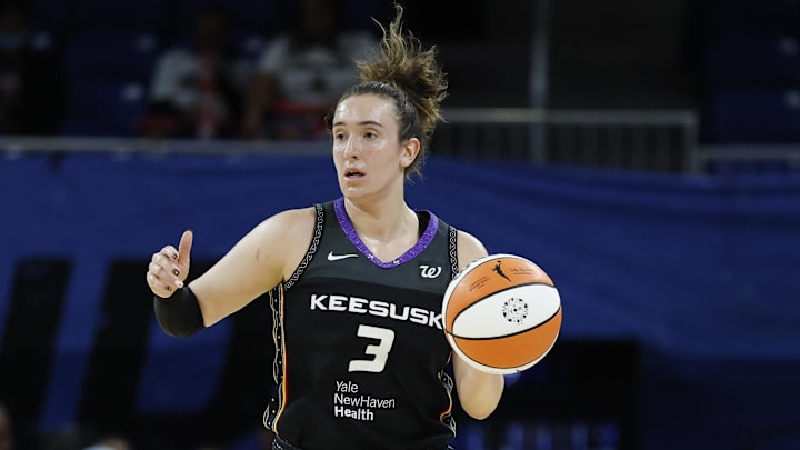 Sep 3, 2025; Chicago, Illinois, USA; Connecticut Sun guard Marina Mabrey (3) brings the ball up court against the Chicago Sky during the first half at Wintrust Arena. Mandatory Credit: Kamil Krzaczynski-Imagn Images