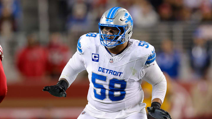 Detroit Lions offensive tackle Penei Sewell (58) during the game against the San Francisco 49ers at Levi's Stadium Detroit Lions offensive tackle Penei Sewell (58) during the game against the San Francisco 49ers at Levi's Stadium