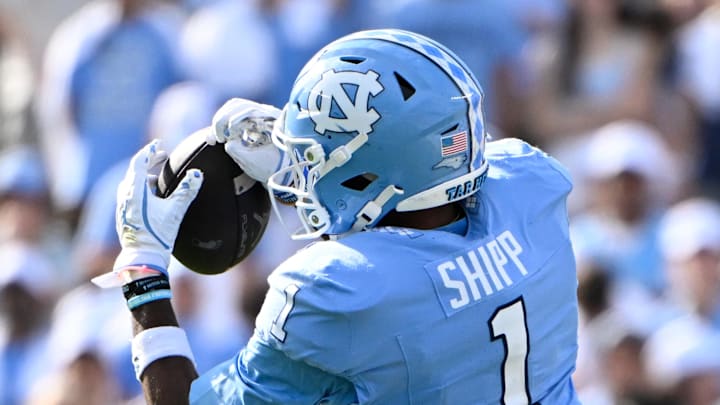 Sep 13, 2025; Chapel Hill, North Carolina, USA; North Carolina Tar Heels wide receiver Jordan Shipp (1) makes a catch in the second quarter at Kenan Stadium. Mandatory Credit: Bob Donnan-Imagn Images Sep 13, 2025; Chapel Hill, North Carolina, USA; North Carolina Tar Heels wide receiver Jordan Shipp (1) makes a catch in the second quarter at Kenan Stadium. Mandatory Credit: Bob Donnan-Imagn Images