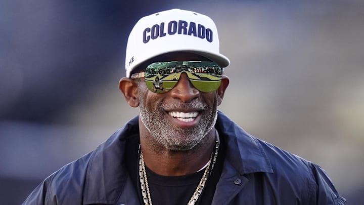 Nov 1, 2025; Boulder, Colorado, USA; Colorado Buffaloes head coach Deion Sanders before the game against the Arizona Wildcats at Folsom Field. Mandatory Credit: Ron Chenoy-Imagn Images