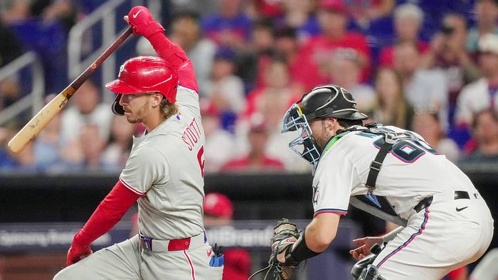 Jul 28, 2026; Miami, Florida, USA; Philadelphia Phillies second baseman Bryson Stott (5) strikes out in the third inning as Miami Marlins catcher Joe Mack (80) tags him at loanDepot Park. Mandatory Credit: Jim Rassol-Imagn Images Jul 28, 2026; Miami, Florida, USA; Philadelphia Phillies second baseman Bryson Stott (5) strikes out in the third inning as Miami Marlins catcher Joe Mack (80) tags him at loanDepot Park. Mandatory Credit: Jim Rassol-Imagn Images