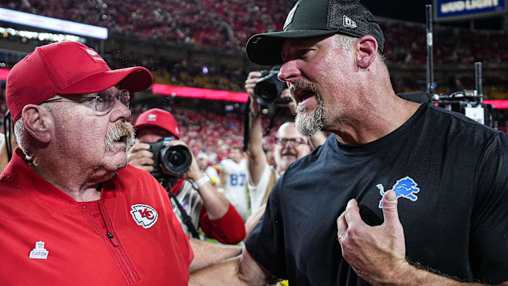 Detroit Lions head coach Dan Campbell, right, talks to Kansas City Chiefs head coach Andy Reid after 30-17 loss Detroit Lions head coach Dan Campbell, right, talks to Kansas City Chiefs head coach Andy Reid after 30-17 loss