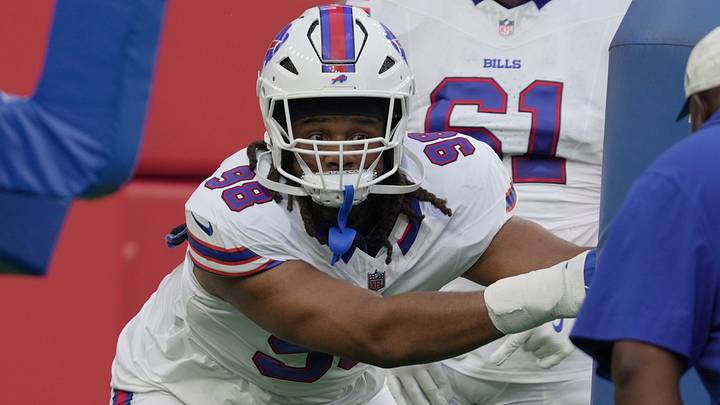 Buffalo Bills DT T.J. Sanders gets ready to run a drill during the Return of the Blue and Red practice at Highmark Stadium. Buffalo Bills DT T.J. Sanders gets ready to run a drill during the Return of the Blue and Red practice at Highmark Stadium.