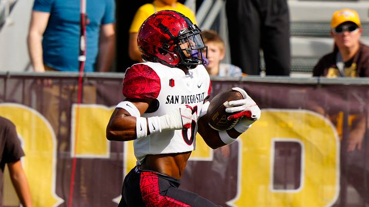 Oct 12, 2024; Laramie, Wyoming, USA; San Diego State Aztecs safety Eric Butler (6) intercepts a pass and scores a touchdown against the Wyoming Cowboys during the first quarter at Jonah Field at War Memorial Stadium. Mandatory Credit: Troy Babbitt-Imagn Images Oct 12, 2024; Laramie, Wyoming, USA; San Diego State Aztecs safety Eric Butler (6) intercepts a pass and scores a touchdown against the Wyoming Cowboys during the first quarter at Jonah Field at War Memorial Stadium. Mandatory Credit: Troy Babbitt-Imagn Images
