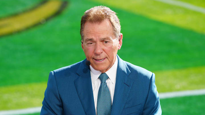 Jan 1, 2025; Pasadena, California, USA; Nick Saban on the ESPN Gameday set at Rose Bowl Stadium. Mandatory Credit: Kirby Lee-Imagn Images