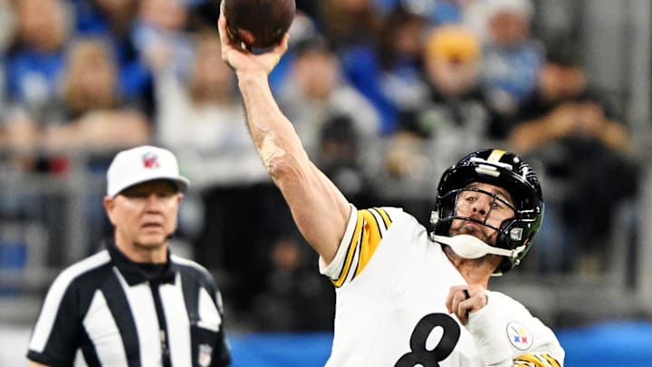 Pittsburgh Steelers quarterback Aaron Rodgers (8) throws a pass during the fourth quarter against the Detroit Lions.