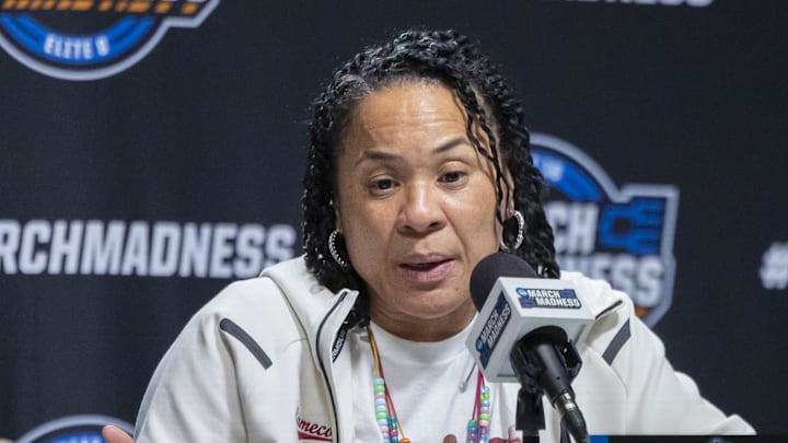 Mar 27, 2025; Birmingham, AL, USA; South Carolina Gamecocks head coach Dawn Staley talks with the media after an NCAA Tournament practice session at Legacy Arena. Mandatory Credit: Vasha Hunt-Imagn Images