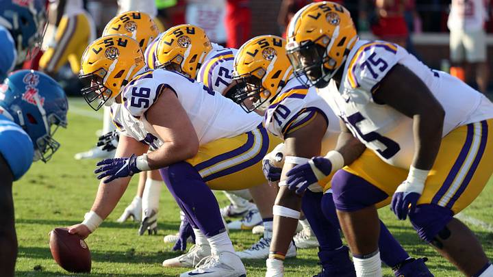 LSU Tigers offensive linemen Liam Shanahan (56) and the offensive line prepare for the snap. Mandatory Credit: Petre Thomas-USA TODAY Sports LSU Tigers offensive linemen Liam Shanahan (56) and the offensive line prepare for the snap. Mandatory Credit: Petre Thomas-USA TODAY Sports