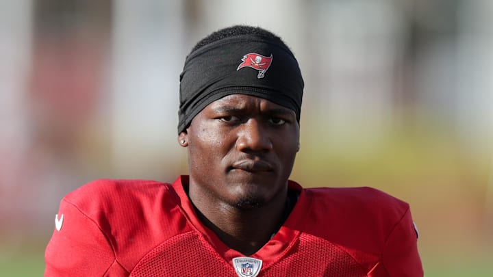 Tampa Bay Buccaneers running back Bucky Irving (7) participates in training camp. Tampa Bay Buccaneers running back Bucky Irving (7) participates in training camp.