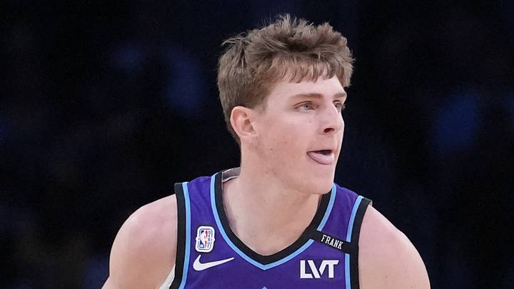 Apr 12, 2026; Los Angeles, California, USA; Utah Jazz guard Hayden Gray (33) dribbles the ball against the Los Angeles Lakers in the second half at Crypto.com Arena. Mandatory Credit: Kirby Lee-Imagn Images