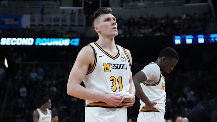 Mar 20, 2025; Wichita, KS, USA; Missouri Tigers guard Caleb Grill (31) reacts after losing to the Drake Bulldogs in a first round men’s NCAA Tournament game at Intrust Bank Arena. Mandatory Credit: Kirby Lee-Imagn Images