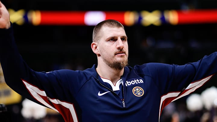 Oct 29, 2025; Denver, Colorado, USA; Denver Nuggets center Nikola Jokic (15) after the game against the New Orleans Pelicans at Ball Arena.