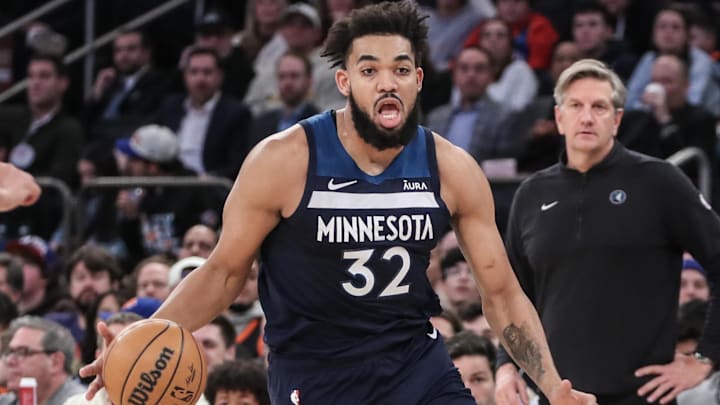 Jan 1, 2024; New York, New York, USA; Minnesota Timberwolves center Karl-Anthony Towns (32) drives to the basket in the second quarter against the New York Knicks at Madison Square Garden. Mandatory Credit: Wendell Cruz-Imagn Images
