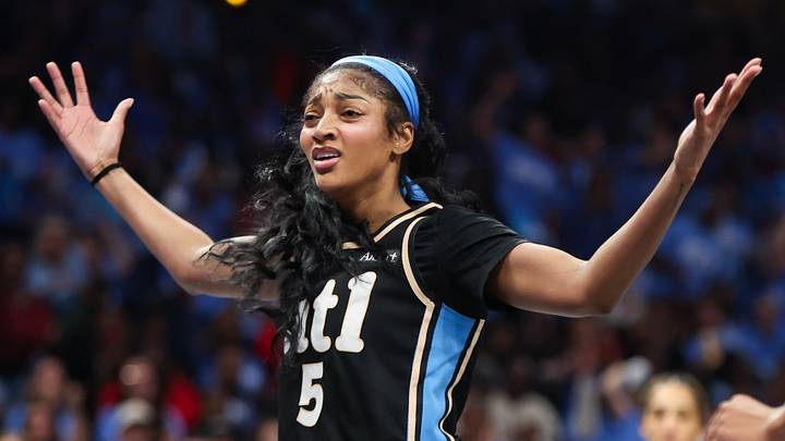 Atlanta Dream forward Angel Reese (5) reacts after a basket against the Golden State Valkyries Atlanta Dream forward Angel Reese (5) reacts after a basket against the Golden State Valkyries