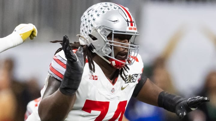 Jan 20, 2025; Atlanta, GA, USA; Ohio State Buckeyes offensive lineman Donovan Jackson (74) against the Notre Dame Fighting Irish during the CFP National Championship college football game at Mercedes-Benz Stadium. Mandatory Credit: Mark J. Rebilas-Imagn Images