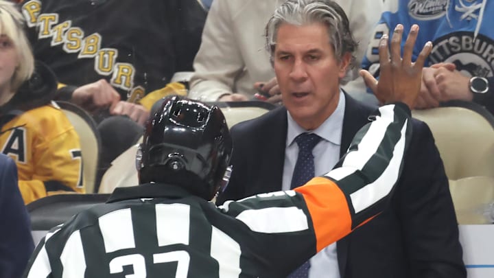 Mar 24, 2026; Pittsburgh, Pennsylvania, USA; Colorado Avalanche head. Coach Jared Bednar (right) asks referee Jordan Samuels-Thomas (37) to review a goal by the Pittsburgh Penguins during the second period at PPG Paints Arena. Mandatory Credit: Charles LeClaire-Imagn Images Mar 24, 2026; Pittsburgh, Pennsylvania, USA; Colorado Avalanche head. Coach Jared Bednar (right) asks referee Jordan Samuels-Thomas (37) to review a goal by the Pittsburgh Penguins during the second period at PPG Paints Arena. Mandatory Credit: Charles LeClaire-Imagn Images