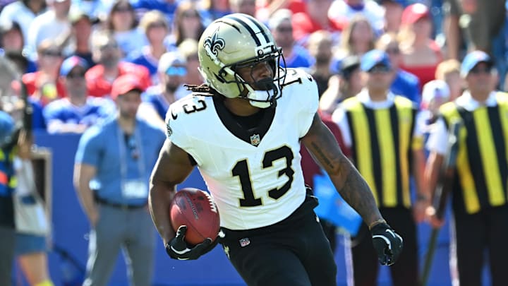 Sep 28, 2025; Orchard Park, New York, USA; New Orleans Saints running back Velus Jones Jr. (13) runs for a gain during the first quarter against the Buffalo Bills at Highmark Stadium. Sep 28, 2025; Orchard Park, New York, USA; New Orleans Saints running back Velus Jones Jr. (13) runs for a gain during the first quarter against the Buffalo Bills at Highmark Stadium.