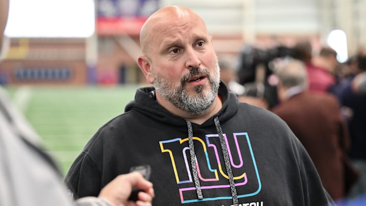 Jun 17, 2025; East Rutherford, NJ, USA; New York Giants offensive line coach Carmen Bricillo speaks at a press conference during minicamp at Quest Diagnostics Training Center. Mandatory Credit: John Jones-Imagn Images