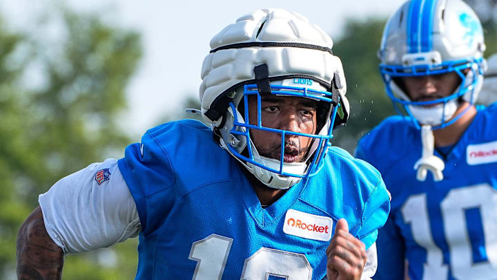 Detroit Lions wide receiver Tim Patrick (12) practices during training camp at Meijer Performance Center in Allen Park on Thursday, July 24, 2025. Detroit Lions wide receiver Tim Patrick (12) practices during training camp at Meijer Performance Center in Allen Park on Thursday, July 24, 2025.