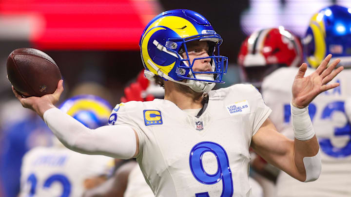 Dec 29, 2025; Atlanta, Georgia, USA; Los Angeles Rams quarterback Matthew Stafford (9) throws a pass against the Atlanta Falcons in the first quarter at Mercedes-Benz Stadium. Mandatory Credit: Brett Davis-Imagn Images