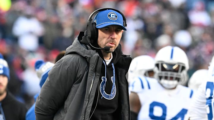 Dec 1, 2024; Foxborough, Massachusetts, USA; Indianapolis Colts head coach Shane Steichen looks on during the first half against the New England Patriots at Gillette Stadium. Dec 1, 2024; Foxborough, Massachusetts, USA; Indianapolis Colts head coach Shane Steichen looks on during the first half against the New England Patriots at Gillette Stadium.