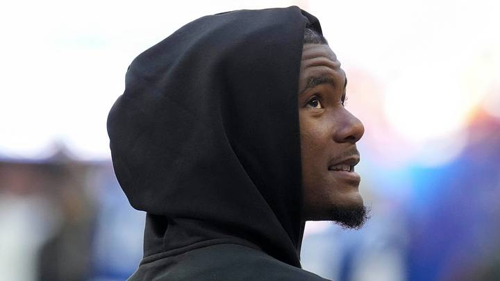 Former Indianapolis Colts wide receiver Adonai Mitchell watches warm-ups