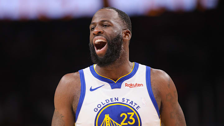 Mar 21, 2026; Atlanta, Georgia, USA; Golden State Warriors forward Draymond Green (23) reacts to a call against the Atlanta Hawks in the second quarter at State Farm Arena. Mandatory Credit: Brett Davis-Imagn Images