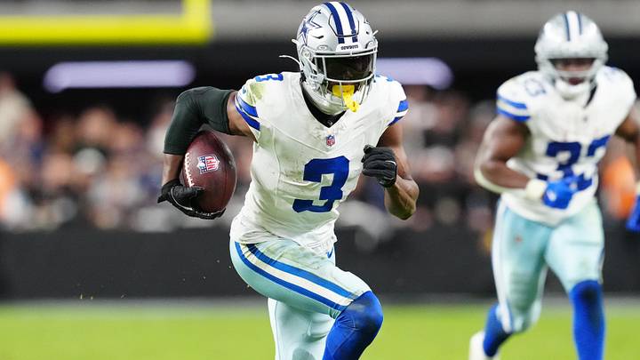 Dallas Cowboys wide receiver George Pickens runs to score a touchdown during the first half against the Las Vegas Raiders.