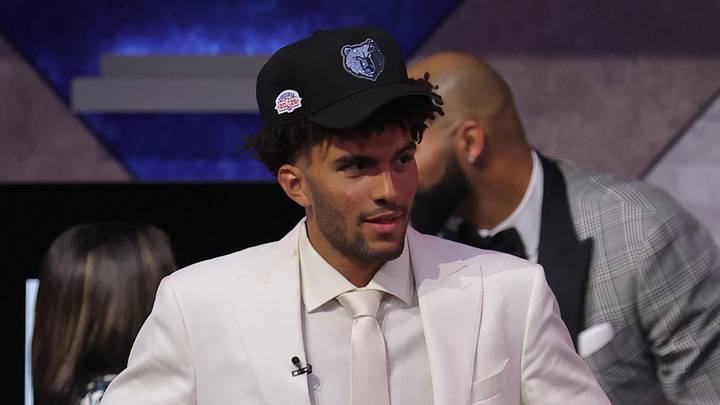Jun 23, 2026; New York, NY, USA; The third pick in the 2026 NBA draft, Duke forward Cameron Boozer after he was selected by the Memphis Grizzlies at Barclays Center. Mandatory Credit: Brad Penner-Imagn Images