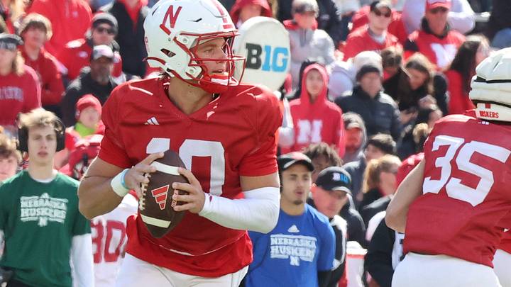 Nebraska quarterback Anthony Colandrea looks for a receiver in the Red-White Spring Game. Nebraska quarterback Anthony Colandrea looks for a receiver in the Red-White Spring Game.