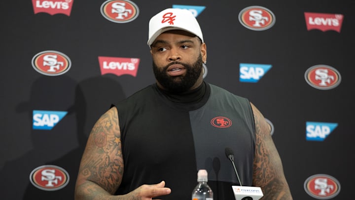 Jul 24, 2025; Santa Clara, CA, USA; San Francisco 49ers offensive tackle Trent Williams answers questions from reporters following the second day of training camp. Mandatory Credit: D. Ross Cameron-Imagn Images