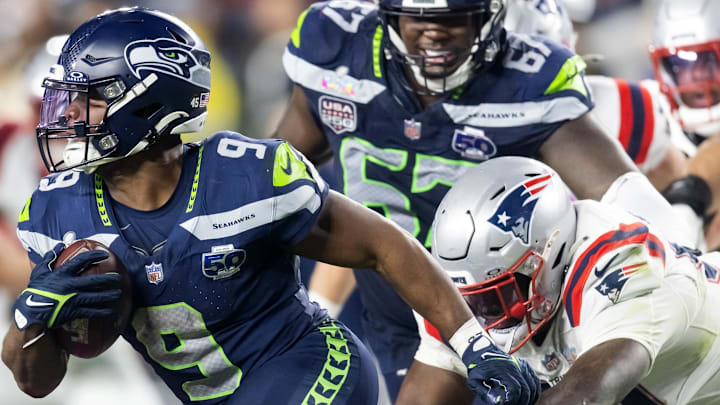 Feb 8, 2026; Santa Clara, CA, USA; Seattle Seahawks running back Kenneth Walker III (9) against the New England Patriots during Super Bowl LX at Levi's Stadium. Mandatory Credit: Mark J. Rebilas-Imagn Images