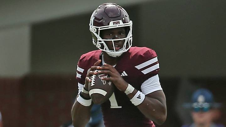 Mississippi State Bulldogs quarterback Kamario Taylor (1) drops back to pass during the second quarter against the Alabama Crimson Tide at Davis Wade Stadium at Scott Field. Mississippi State Bulldogs quarterback Kamario Taylor (1) drops back to pass during the second quarter against the Alabama Crimson Tide at Davis Wade Stadium at Scott Field.