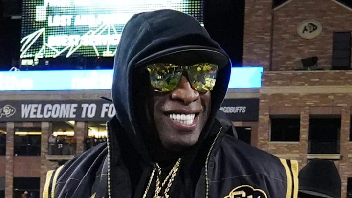 Oct 13, 2023; Boulder, Colorado, USA; Colorado Buffaloes head coach Deion Sanders looks on before the game against the Stanford Cardinal at Folsom Field. Mandatory Credit: Ron Chenoy-Imagn Images