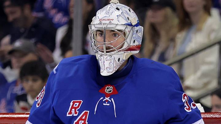 Oct 13, 2026; New York, New York, USA; New York Rangers goaltender Dylan Garand (33) tends net against the Tampa Bay Lightning during the second period at Madison Square Garden. Mandatory Credit: Brad Penner-Imagn Images