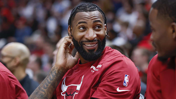 Apr 9, 2023; Chicago, Illinois, USA; Chicago Bulls center Andre Drummond (3) smiles as he sits on the bench during the first half at United Center. Mandatory Credit: Kamil Krzaczynski-Imagn Images