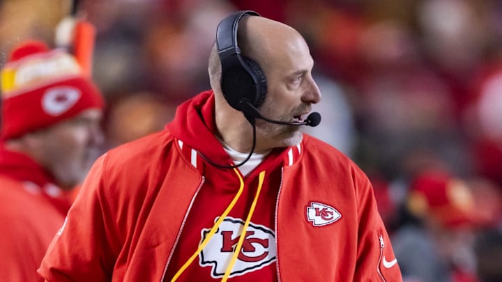 Jan 26, 2025; Kansas City, MO, USA; Kansas City Chiefs offensive coordinator Matt Nagy against the Buffalo Bills in the AFC Championship game at GEHA Field at Arrowhead Stadium. Mandatory Credit: Mark J. Rebilas-Imagn Images