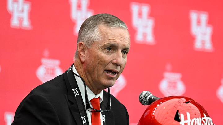 Jul 10, 2024; Las Vegas, NV, USA; Houston Cougars head coach Willie Fritz speaks to the media during the Big 12 Media Days at Allegiant Stadium. Mandatory Credit: Candice Ward-USA TODAY Sports Jul 10, 2024; Las Vegas, NV, USA; Houston Cougars head coach Willie Fritz speaks to the media during the Big 12 Media Days at Allegiant Stadium. Mandatory Credit: Candice Ward-USA TODAY Sports