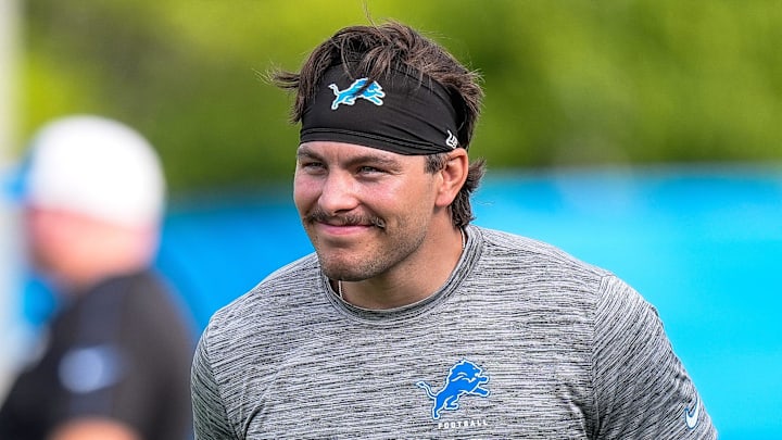Detroit Lions linebacker Malcolm Rodriguez (44) watches practice during training camp at Meijer Performance Center in Allen Park on Sunday, July 20, 2025.