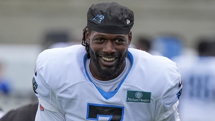 Jul 30, 2024; Charlotte, NC, USA; Carolina Panthers linebacker Jadeveon Clowney (7) smiles at Carolina Panthers Practice Fields. Mandatory Credit: Jim Dedmon-Imagn Images