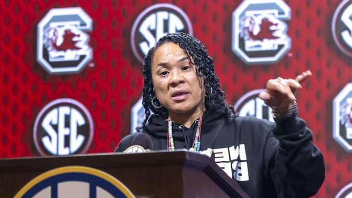 Oct 14, 2025; Birmingham, AL, USA; South Carolina Gamecocks head coach Dawn Staley talks with the media during SEC Media Days at Grand Bohemian Hotel. Mandatory Credit: Vasha Hunt-Imagn Images Oct 14, 2025; Birmingham, AL, USA; South Carolina Gamecocks head coach Dawn Staley talks with the media during SEC Media Days at Grand Bohemian Hotel. Mandatory Credit: Vasha Hunt-Imagn Images