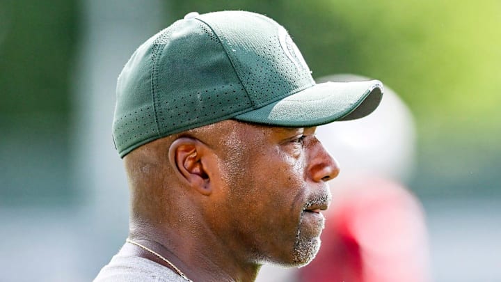 Michigan State's wide receivers coach Courtney Hawkins looks on during the first day of football camp on Tuesday, July 30, 2024, in East Lansing.